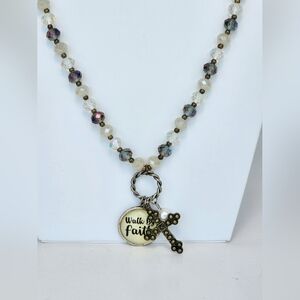 BEAUTIFUL "Walk By Faith" Cross Faux Pearl - Beaded Gold & Silver Tone Necklace